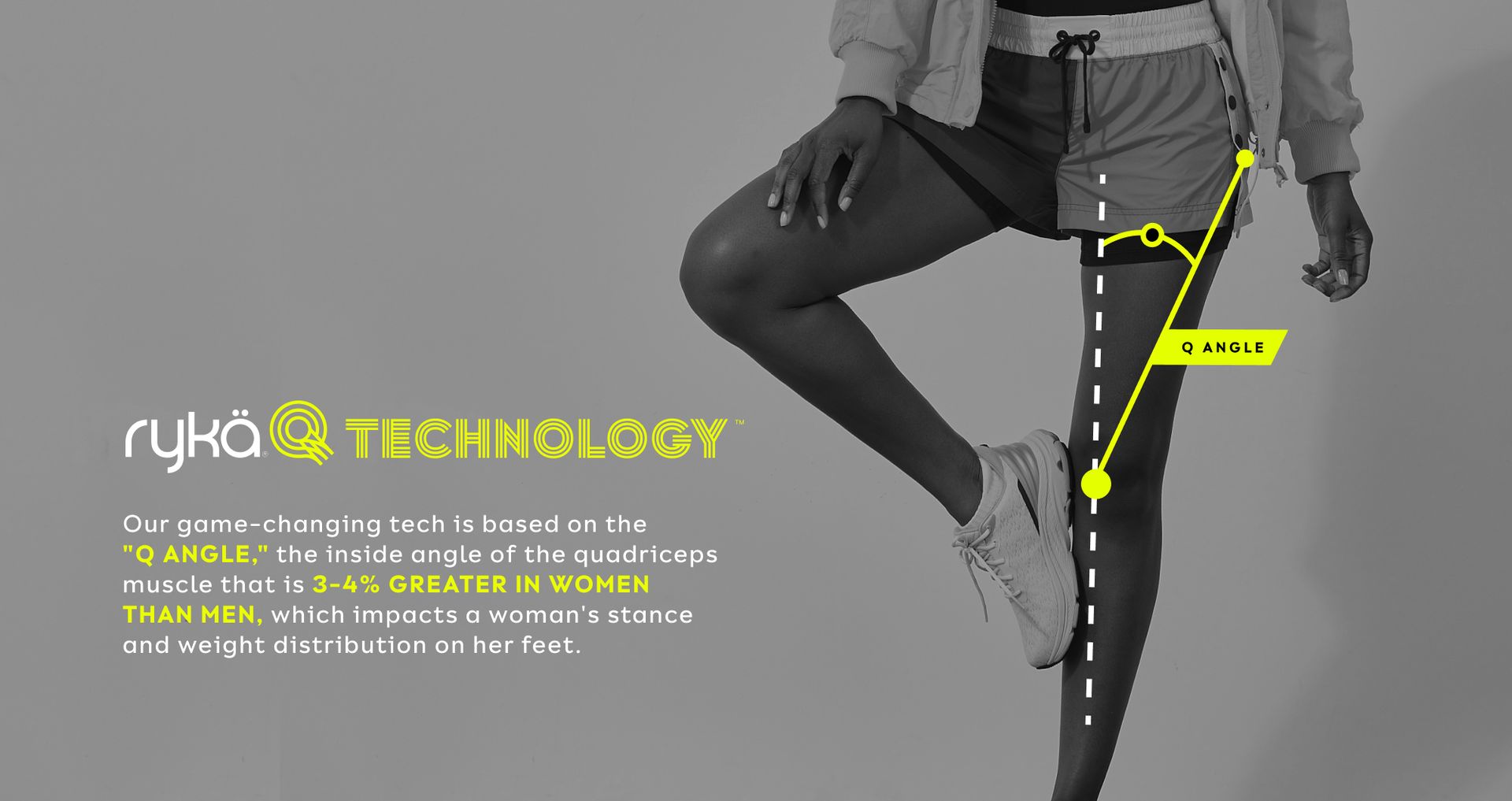 Woman wearing sneakers with text on the left about Ryka technology 