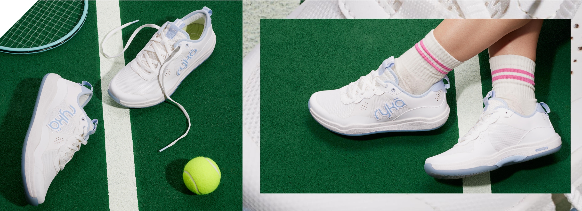 Left photo shows a pair of Rykä court shoes on a tennis court alongside a tennis racket and a tennis ball. Right photo shoes a model wearing Rykä court shoes on a tennis court.