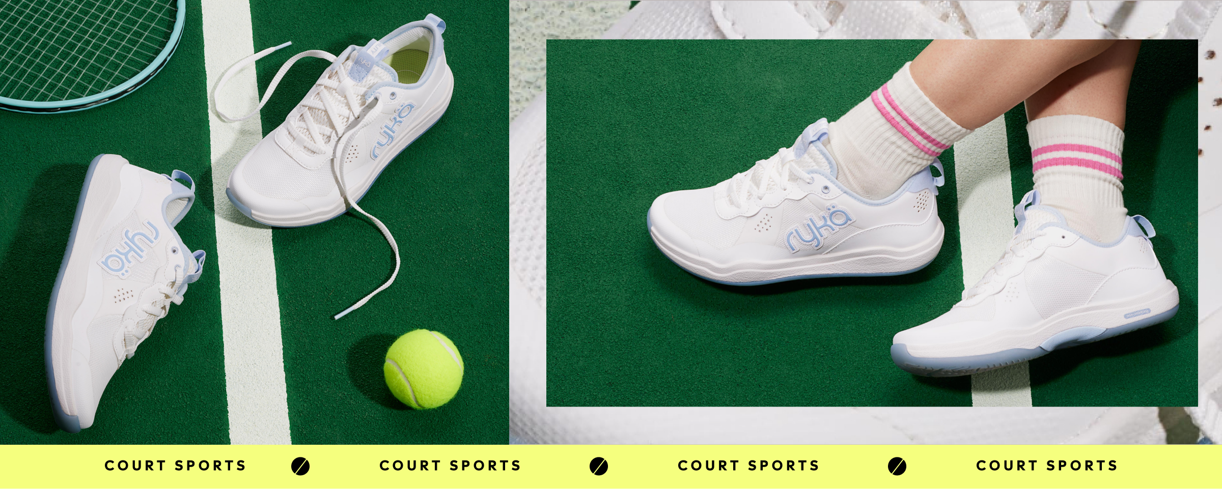 A pair of women's white tennis shoes with blue accents laying on a tennis court next to a tennis ball. To the right is a woman modeling the shoes.