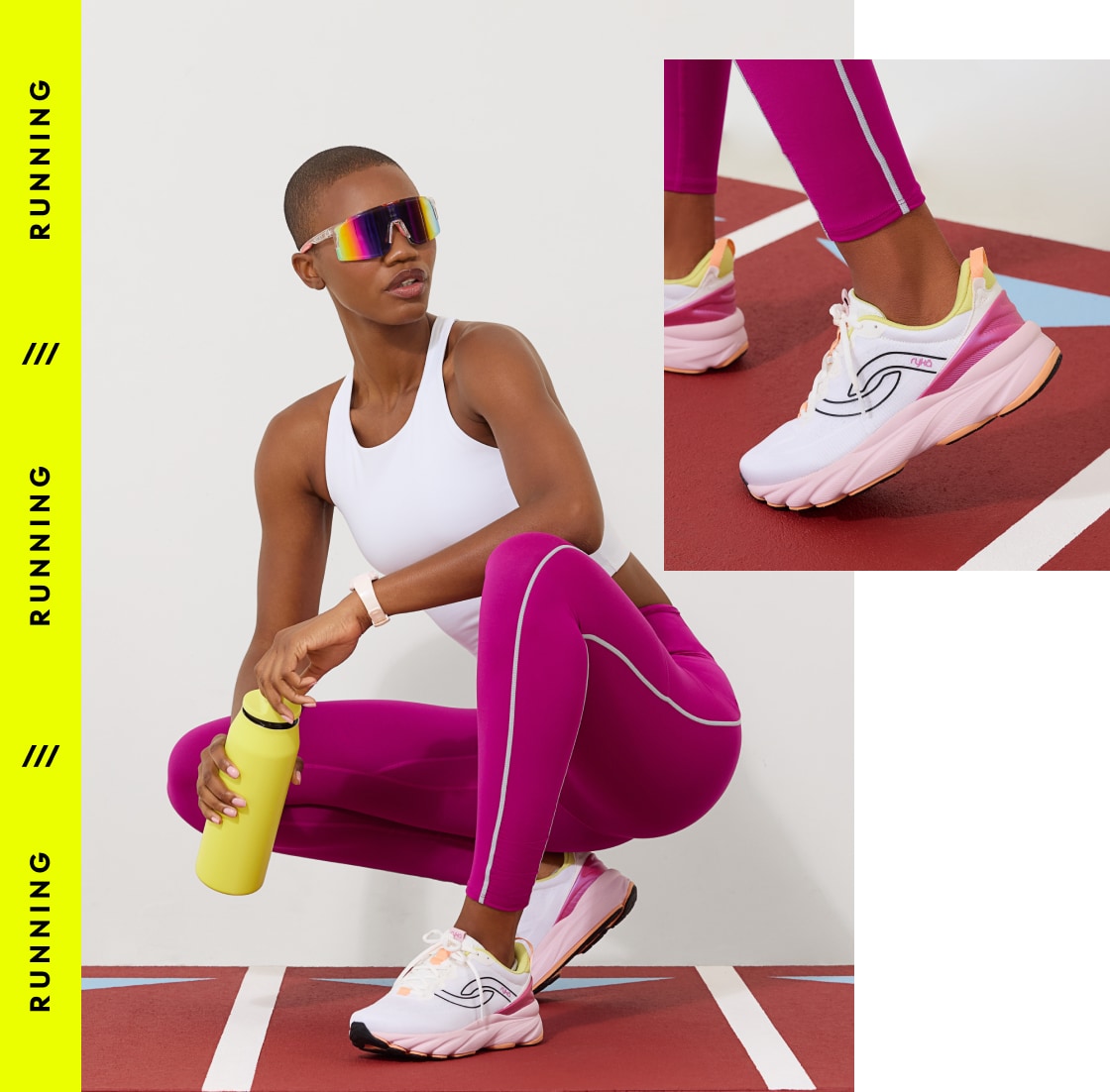 A woman wearing sunglasses, a white tank, magenta leggings, and white sneakers with a light pink sole. A yellow banner on the left says 