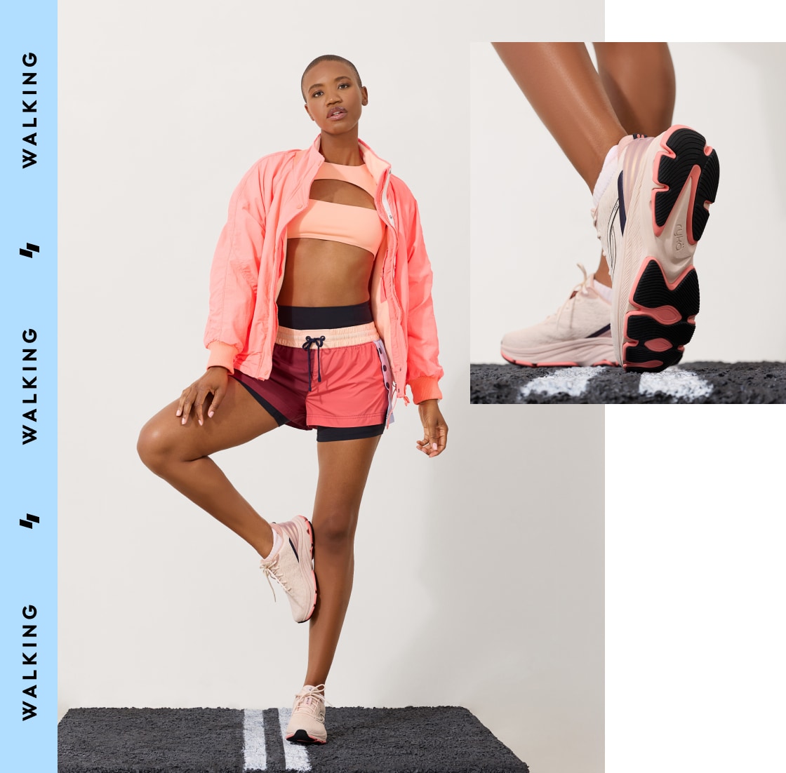 A woman standing on one foot wearing a peach sports bra, coral shorts, and a pair of pink walking sneakers. A blue banner on the left says 