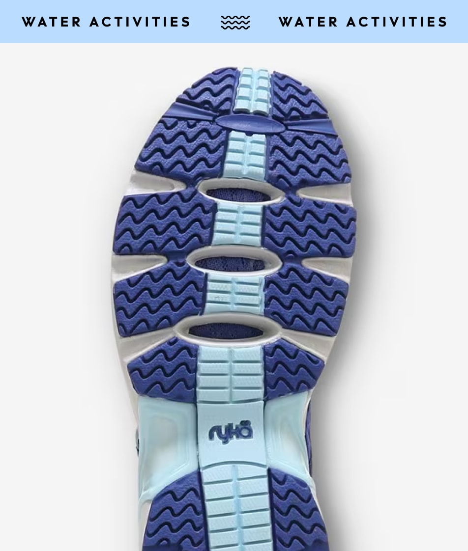 A Ryka sneaker sole that is dark blue and light blue with textured tread. A blue banner at the top says 