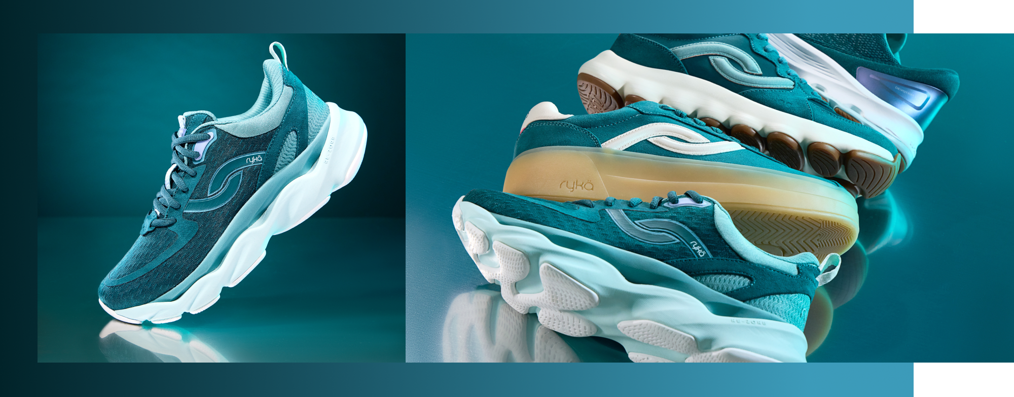 Side views of several green Rykä shoes