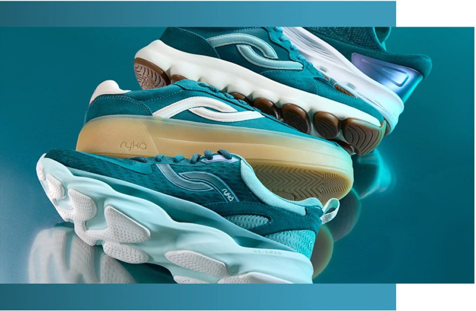 Side views of several green Rykä shoes