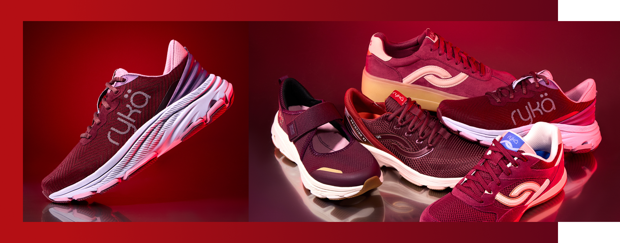 Side views of several red Rykä shoes