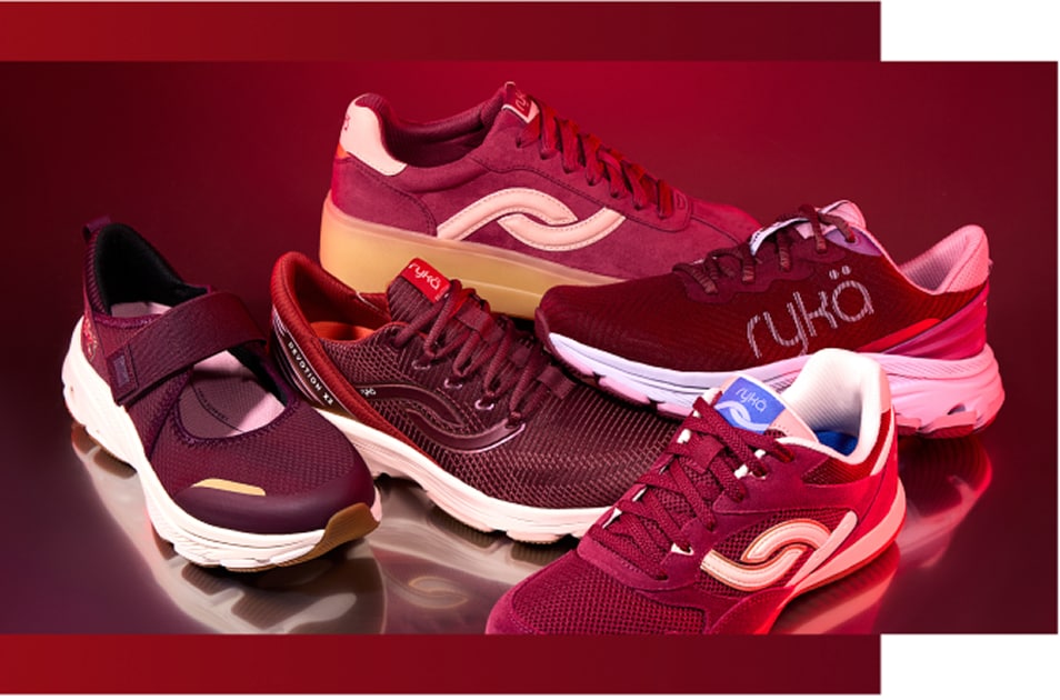 Side views of several red Rykä shoes