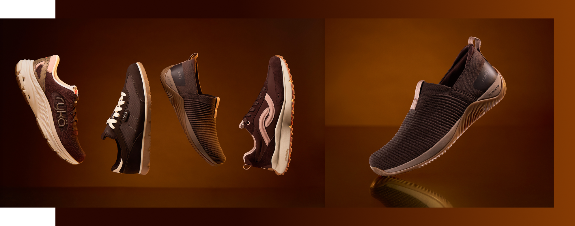 Side views of several brown Rykä shoes