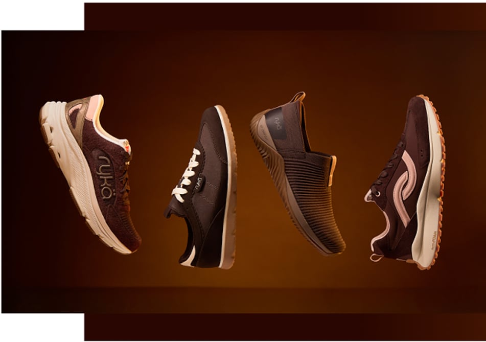 Side views of several brown Rykä shoes