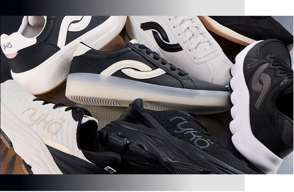 Side views of several black and white Rykä shoes
