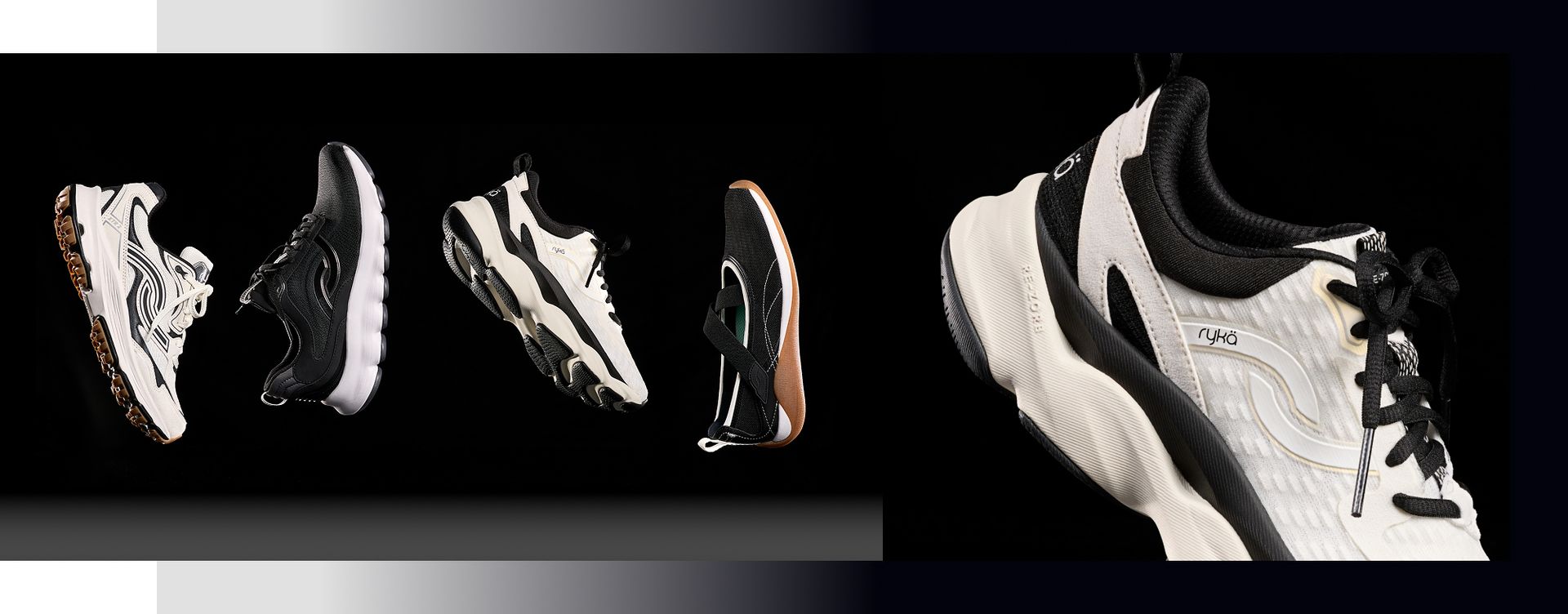 Four women's sneakers, including two white sneakers, one black sneaker, and a black Mary Jane sneaker. A closeup of a white sneaker is on the right.