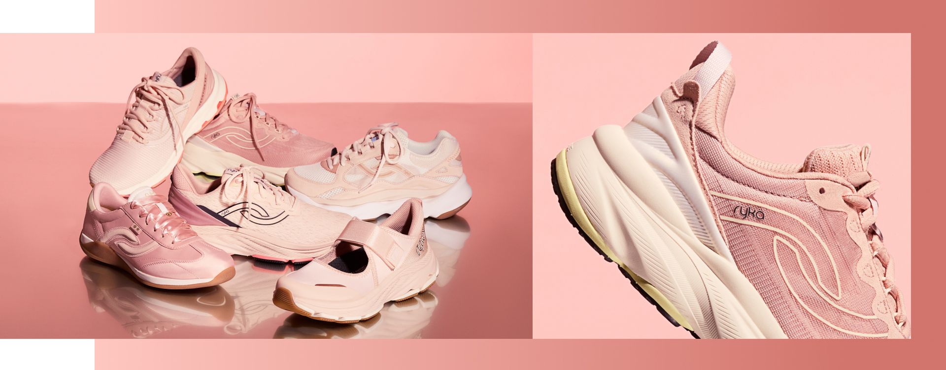 A group of six women's sneakers in various shades of pink. A closeup view of a pink women's sneaker with a while sole is shown on the right. 