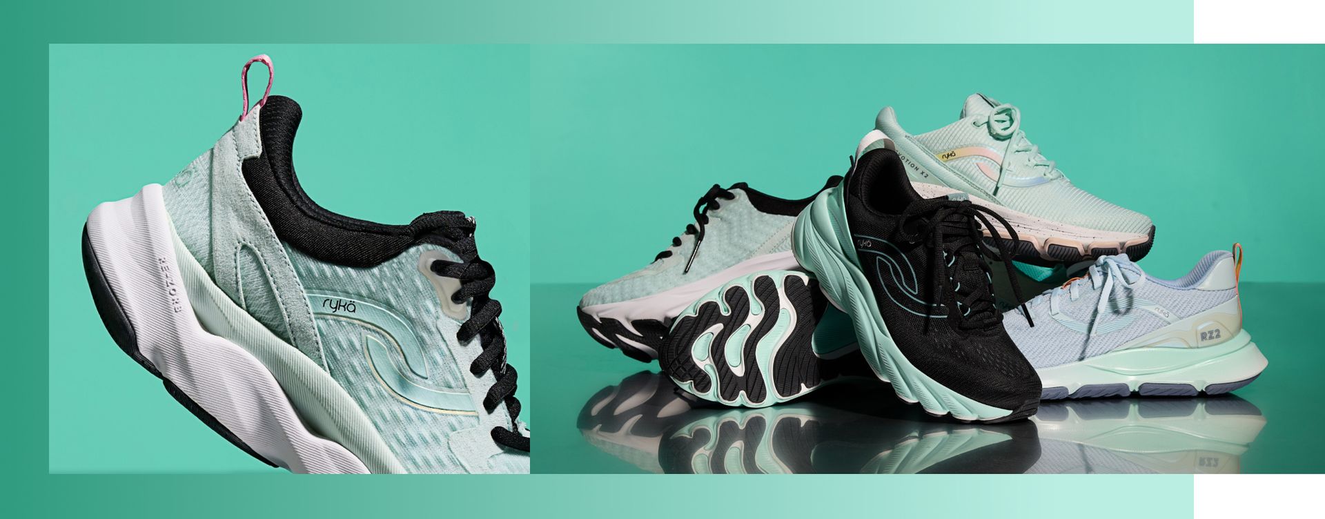 A closeup view of a mint green women's sneaker with a white sole. To the right is a group of five women's sneakers in black, white, and mint green.