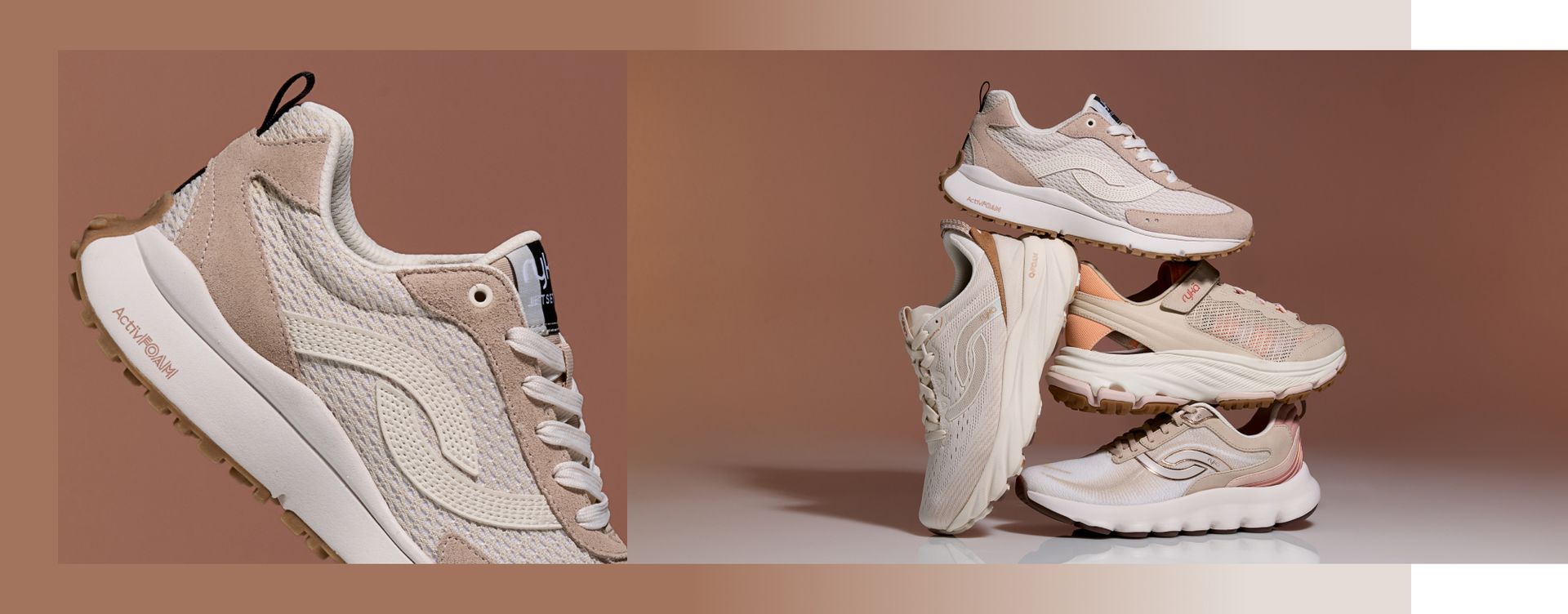 A closeup view of a women's tan retro sneaker with a white sole. To the right is a group of four women's sneakers in neutral shades.