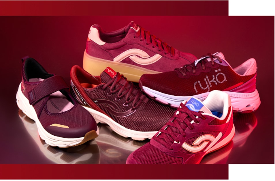 Side views of several red Rykä shoes