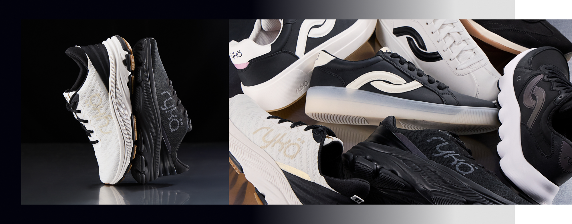 Side views of several black and white Rykä shoes