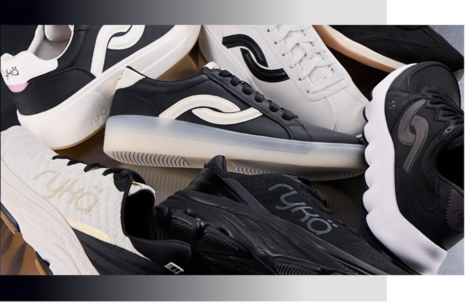 Side views of several black and white Rykä shoes