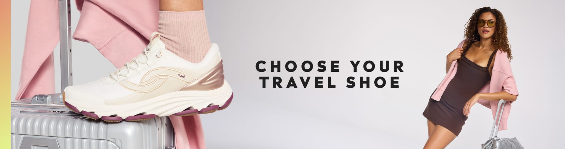 Woman wearing white sneakers posing with a suitcase. Text says choose your travel shoe.