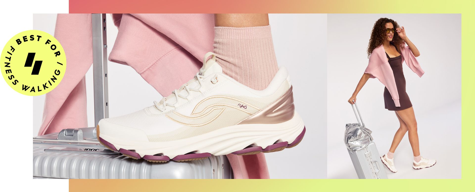 Woman wearing white sneakers posing with a suitcase