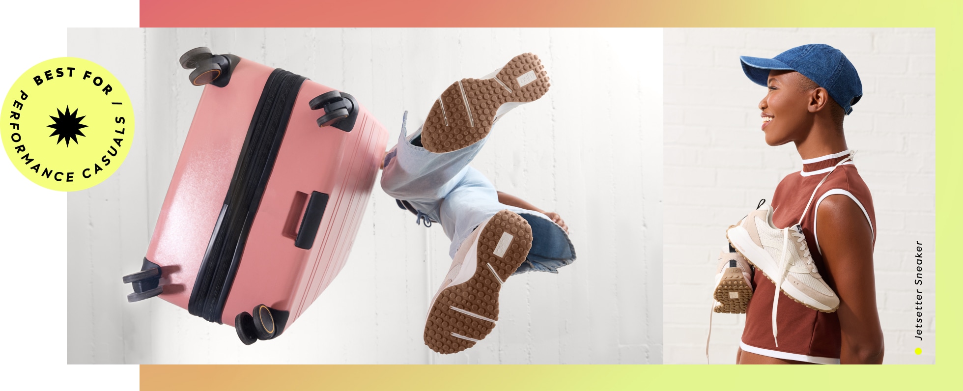 A woman pushing a pink suitcase, wearing cream and tan casual sneakers with brown gum soles, To the right, the shoes are hanging around her neck.