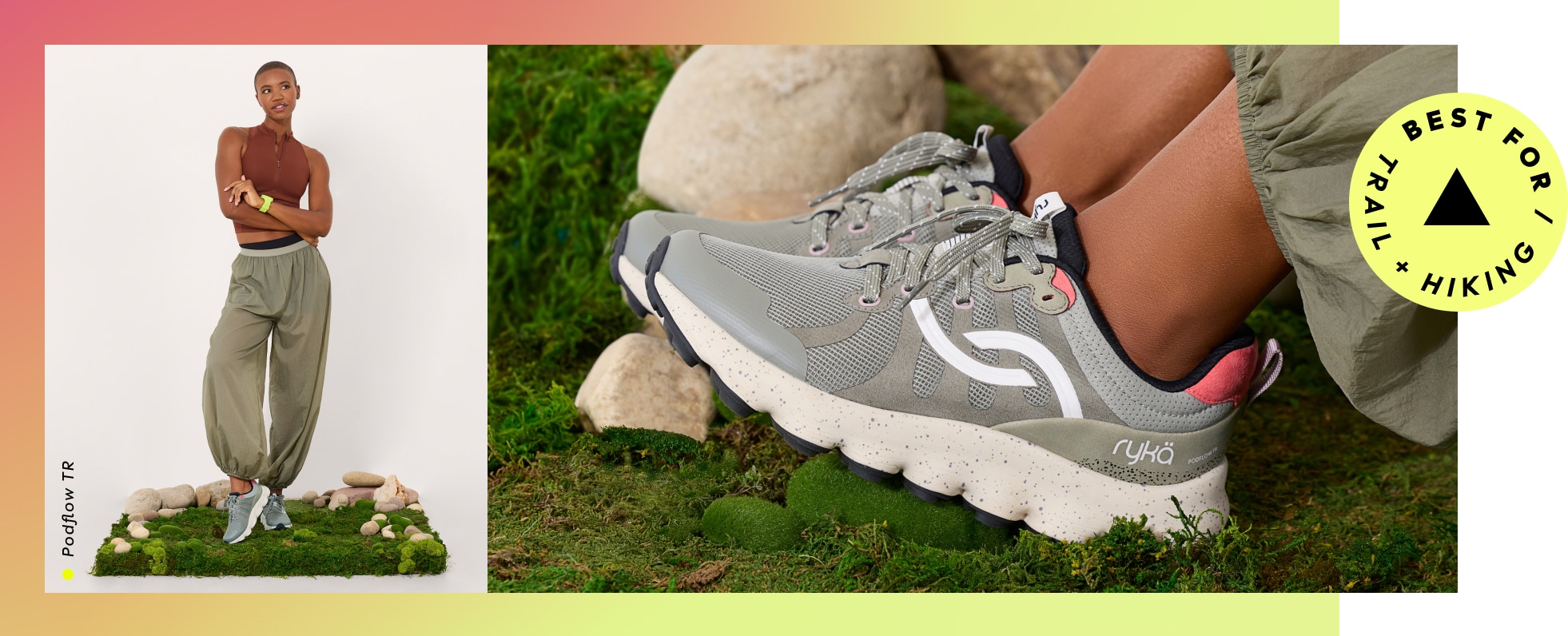 A full-body view of a woman wearing gray walking sneakers. To the right is the shoe on a mossy background. A graphic says 