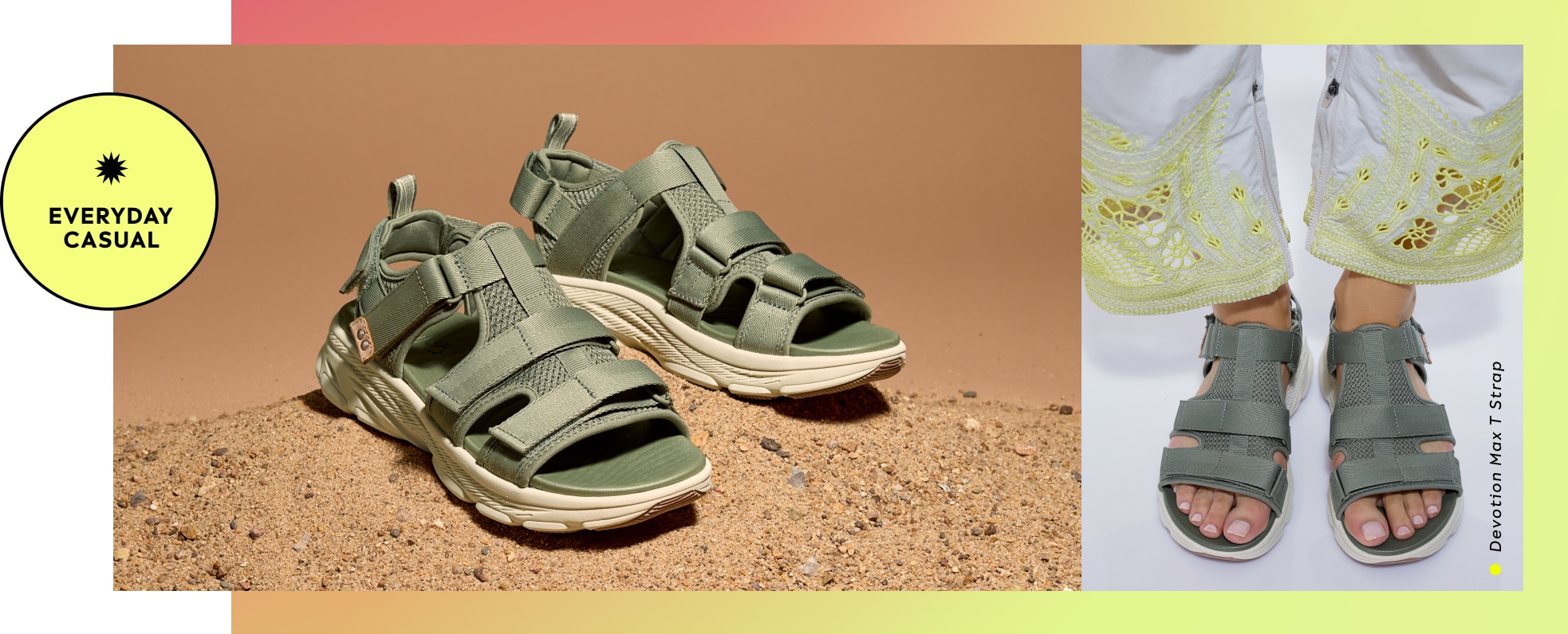 A pair of green women's athletic sandals on a sandy background. A graphic says 