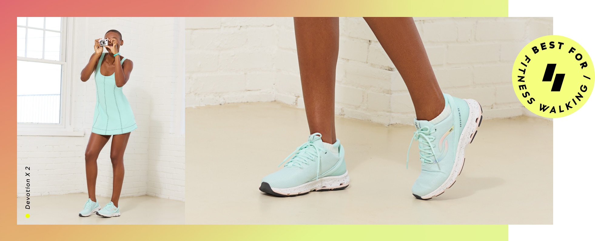 A woman taking a photo wearing a dress and mint green sneakers. To the right is a closeup of the shoes and text saying 