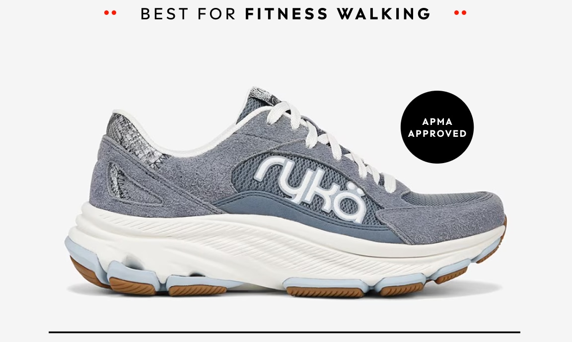 A side view of a blue women's walking sneaker with a white sole. Text around the shoe reads 