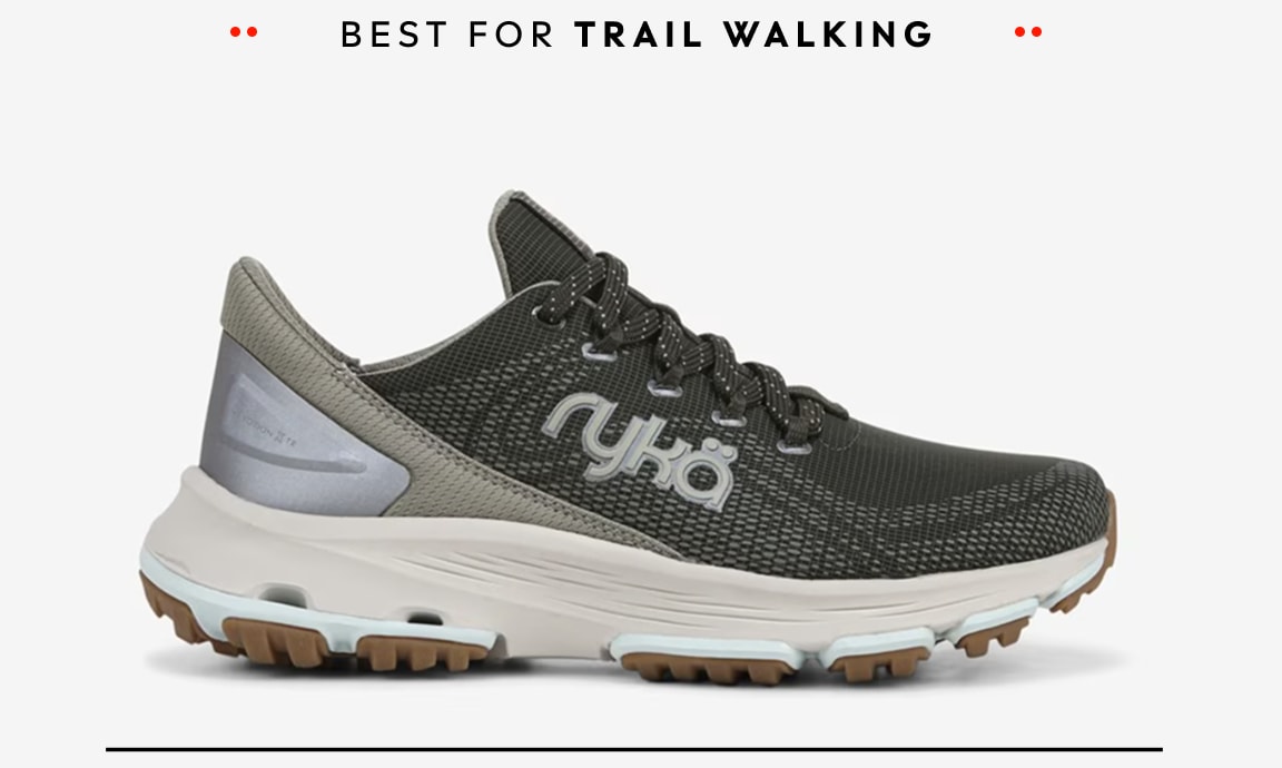 A side view of a black and gray women's walking sneaker with blue accents. Text above the shoe reads 