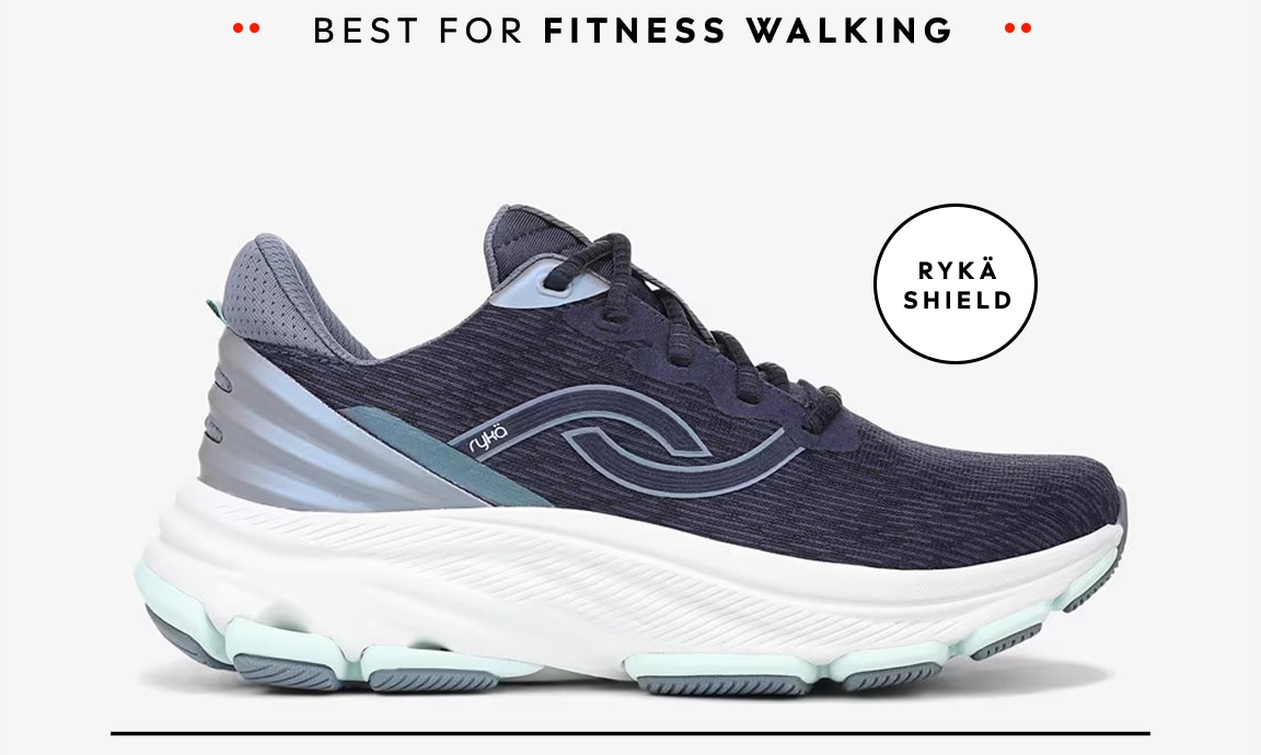 A side view of a navy blue women's walking sneaker with a white sole. Text around the shoe reads 