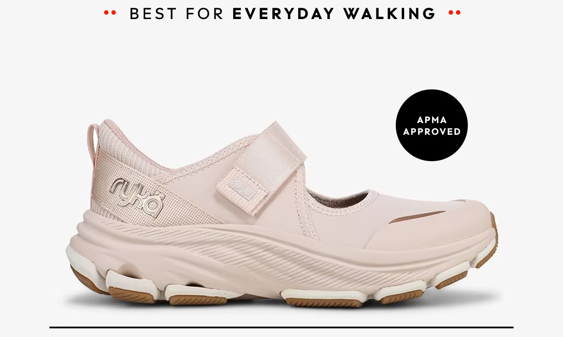 A side view of a light pink Mary Jane sneaker. Text around the shoe says 