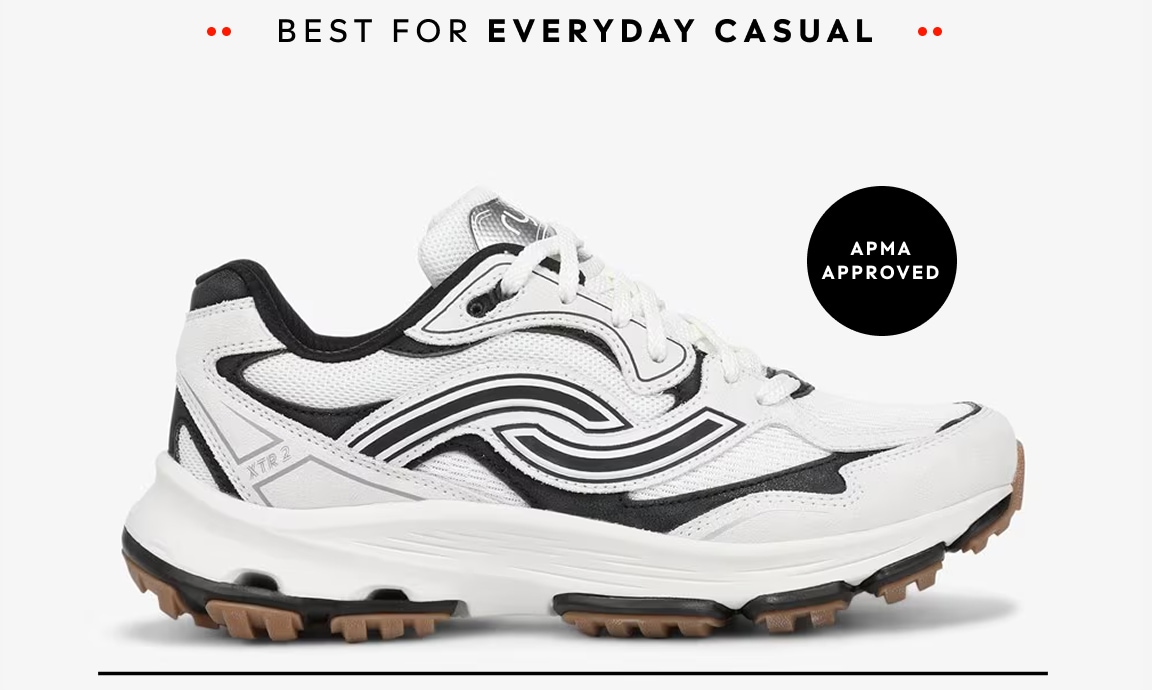 A side view of a white women's lifestyle sneaker with black accents. Text around the shoe reads 