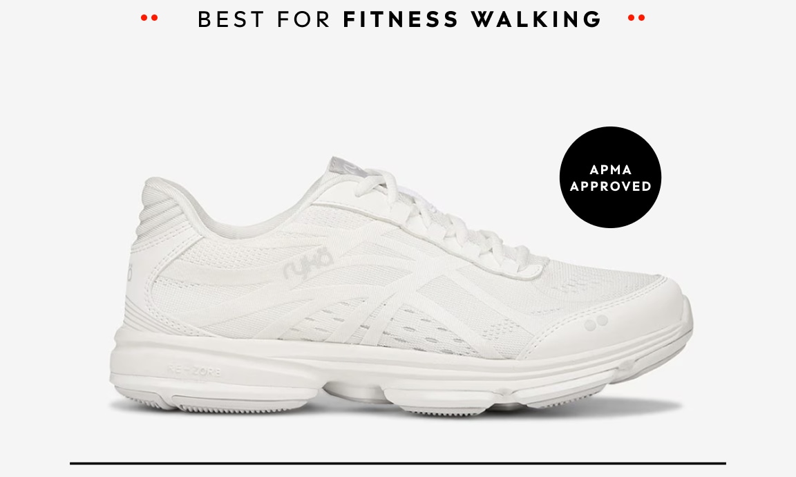 A side view of an all-white women's walking sneaker. Text around the shoe reads 