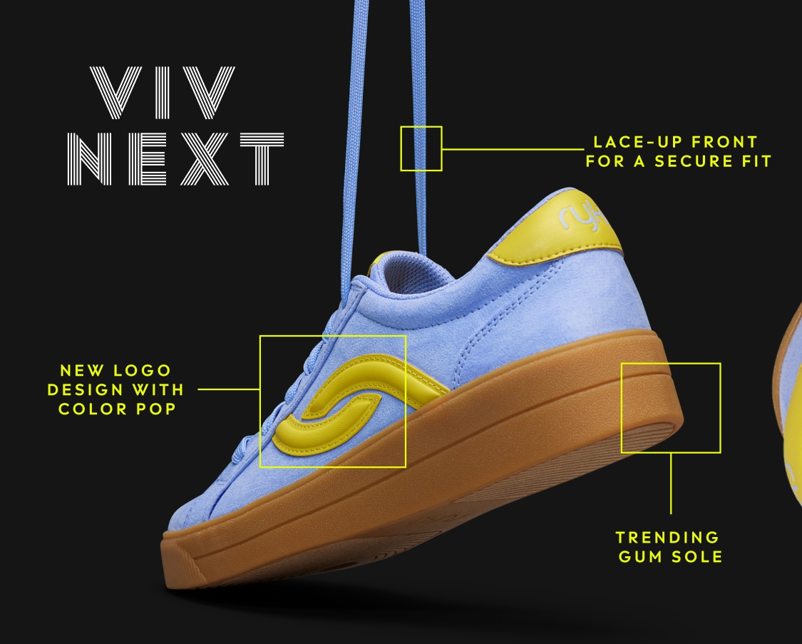 VIV NEXT. LACE-UP FRONT FOR A SECURE FIT. NEW LOGO DESIGN WITH COLOR POP. TRENDING GUM SOLE.