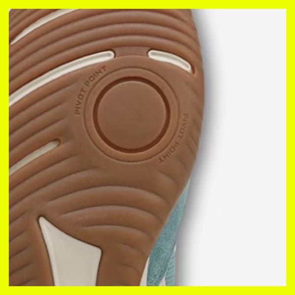 view of the sole of a Rykä Candor shoe featuring durable compression-molded rubber-sole for grip plus pivot point for smooth and easy turns