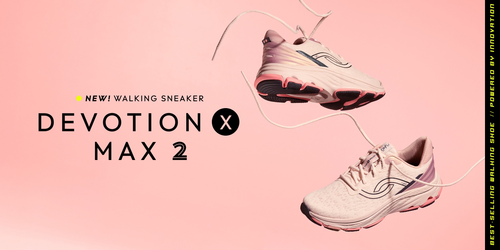 A pair of women's pink sneakers with black accents on a pink background. Text next to the shoes reads 