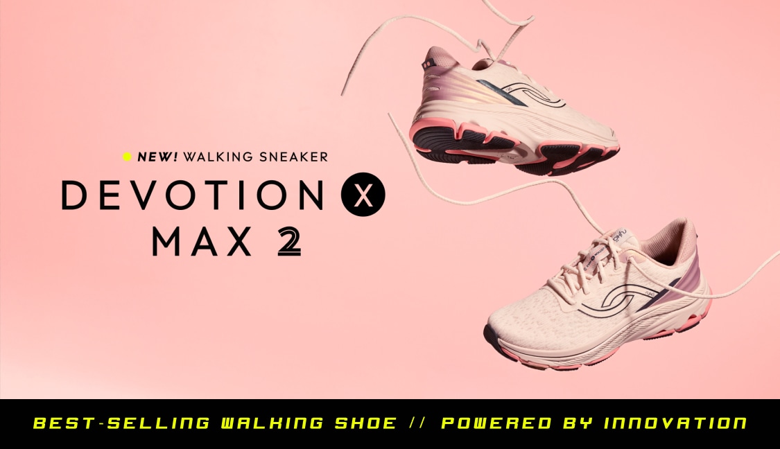 A pair of women's pink sneakers with black accents on a pink background. Text next to the shoes reads 