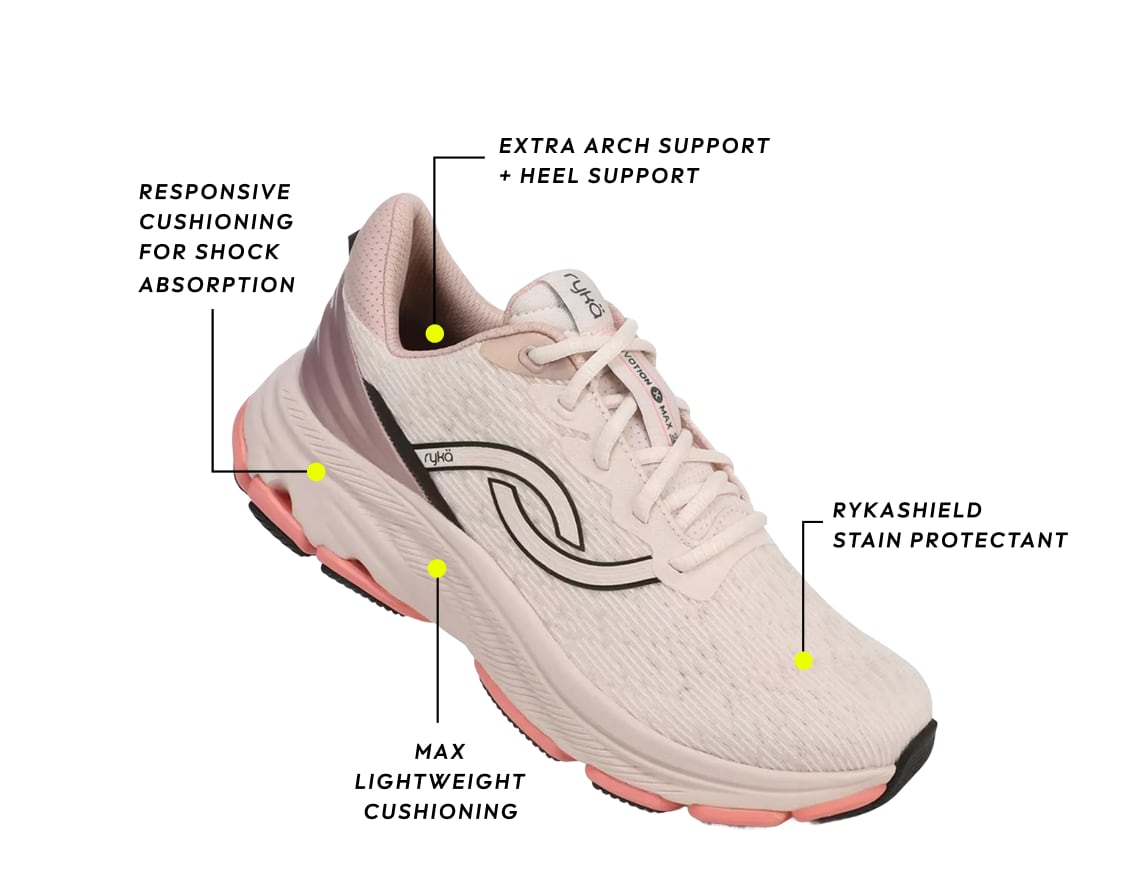 A women's pink sneaker with black accents. Text around the image highlights shock absorption, arch support, cushioning, and stain protectant.