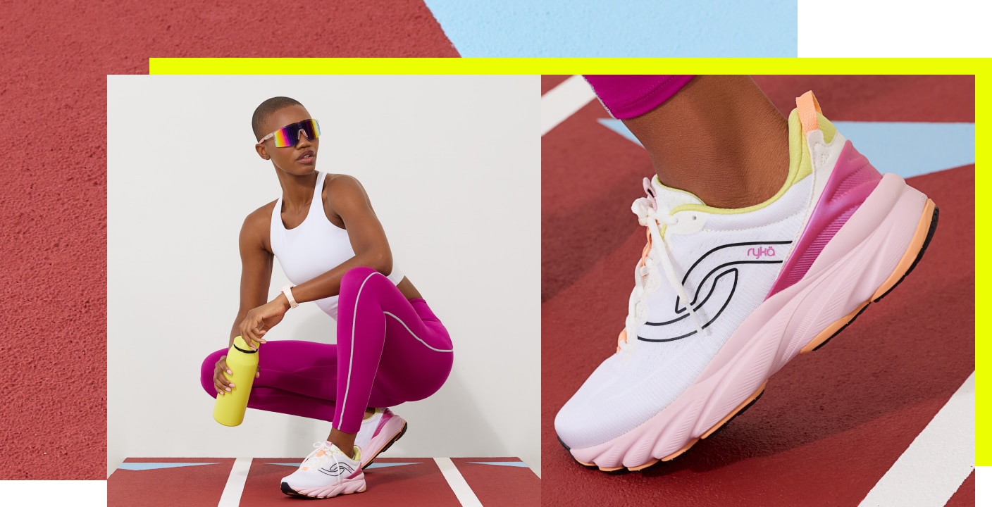 A woman wearing sunglasses, a white tank, magenta leggings, and white sneakers with a light pink sole. To the right is a close up view of the shoes.