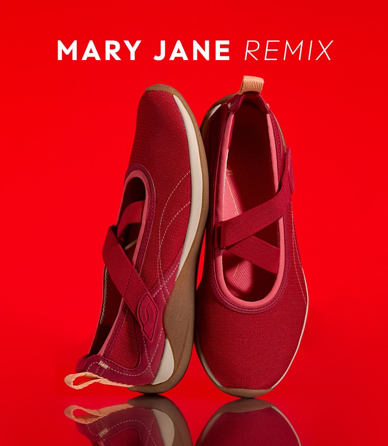 A pair of red Mary Jane sneakers with a gum sole displayed vertically on a red background. Text above the shoes reads 