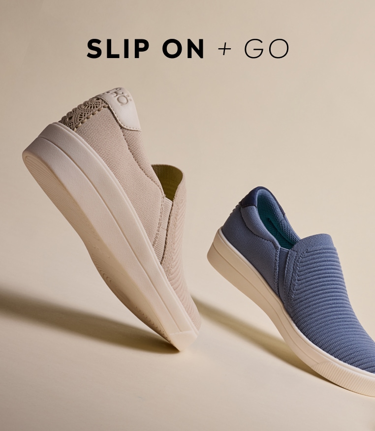 Angled view of two women's slip on shoes, one in tan knit fabric and one in blue knit fabric. Text above the shoes reads 