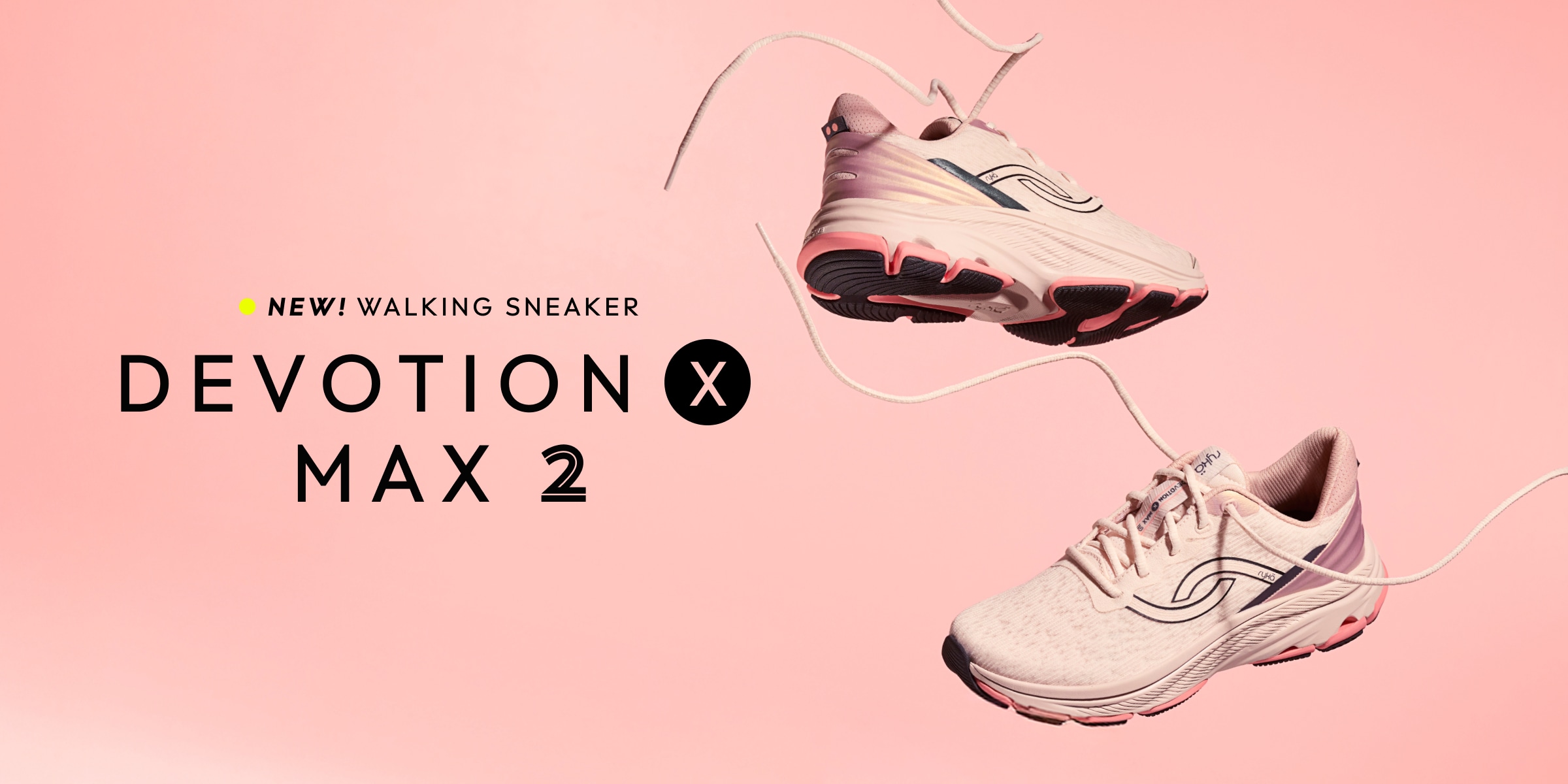 A pair of pink women's walking sneakers floating in the air on a pink background. Text to the left of the shoes reads 