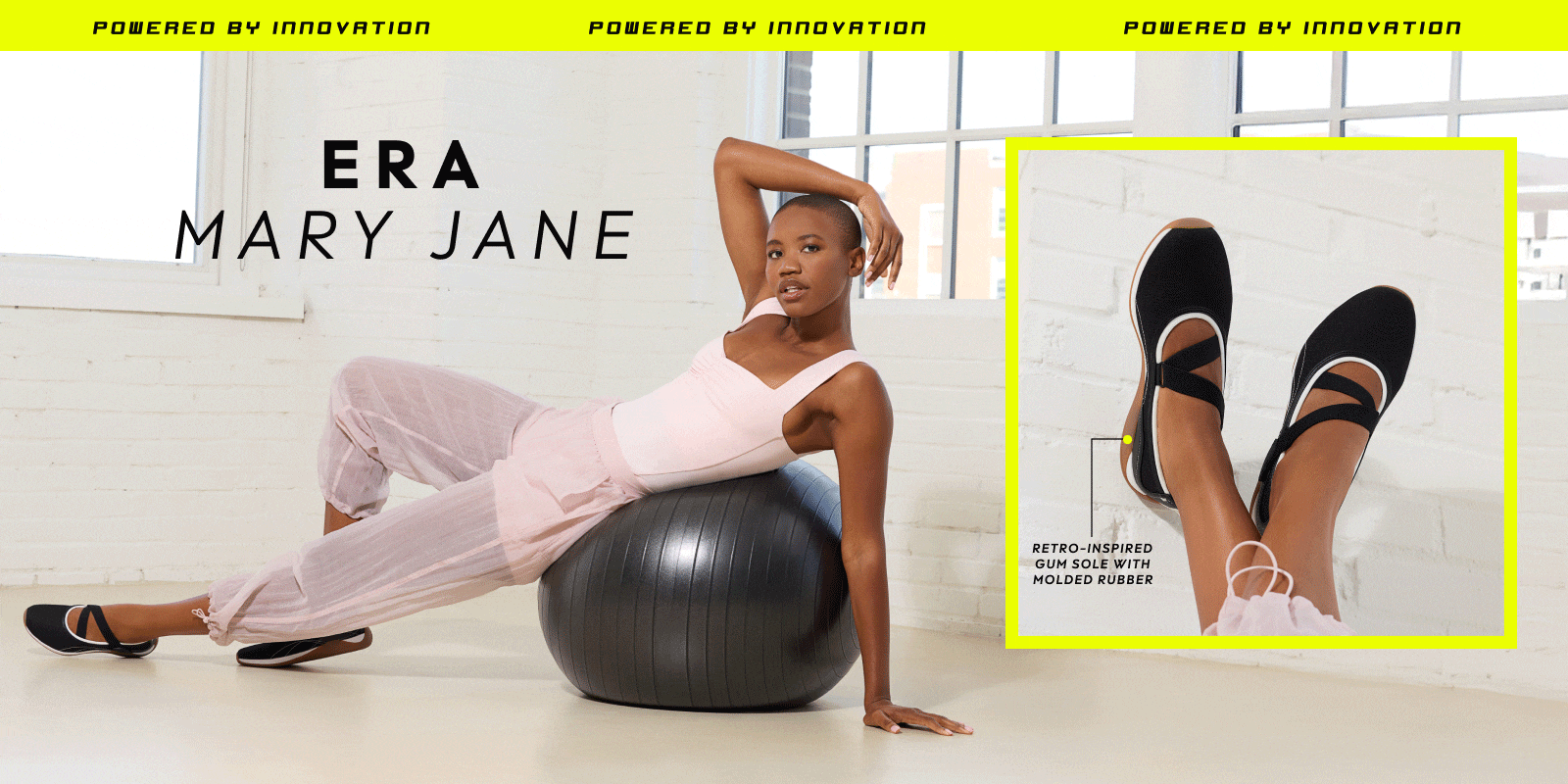 Woman in pink activewear posing on exercise ball, wearing black Mary Jane flats with white trim. To the right is a closeup view of the shoes. 