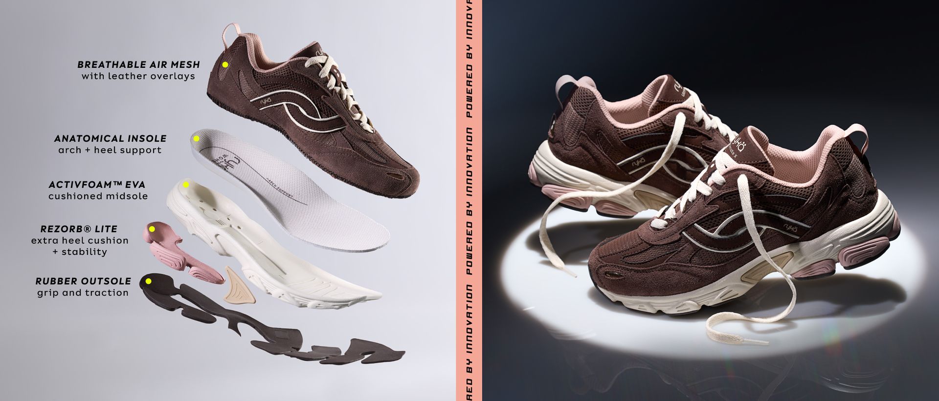 A deconstructed brown sneaker showing the shoe's components with text highlighting the breathable mesh, anatomical insole, and rubber outsole.