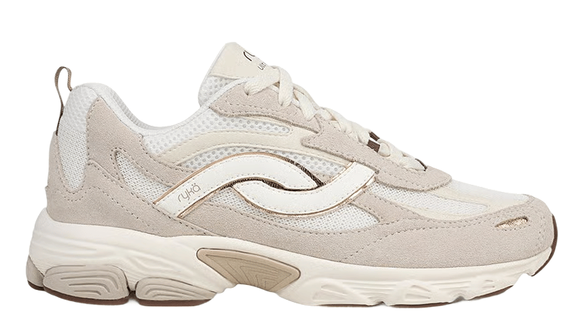Side view of a women's beige sneaker with suede overlays and a chunky sole. 