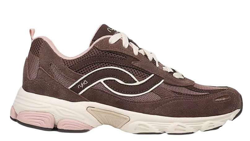 Side view of a women's brown sneaker with suede panels, pink accents, and a chunky sole. 