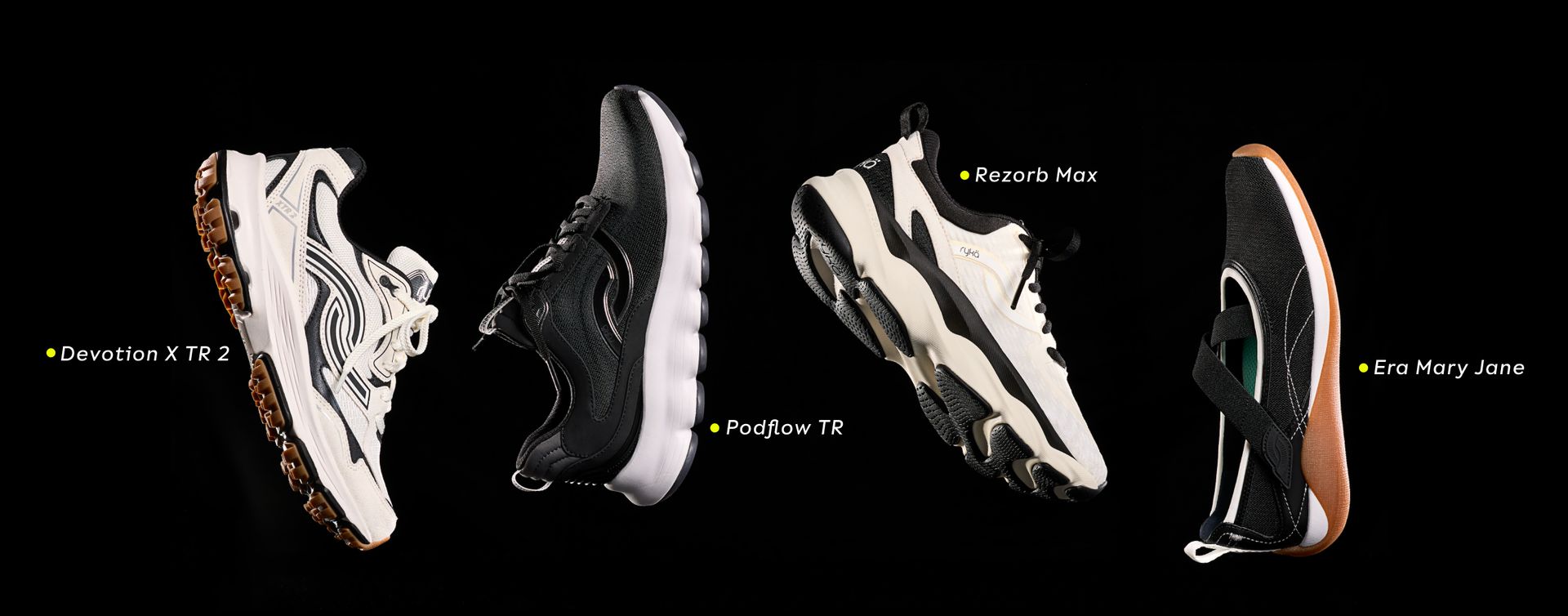 Four different styles of women's black and white sneakers on a black background with the style names next to each shoe.  