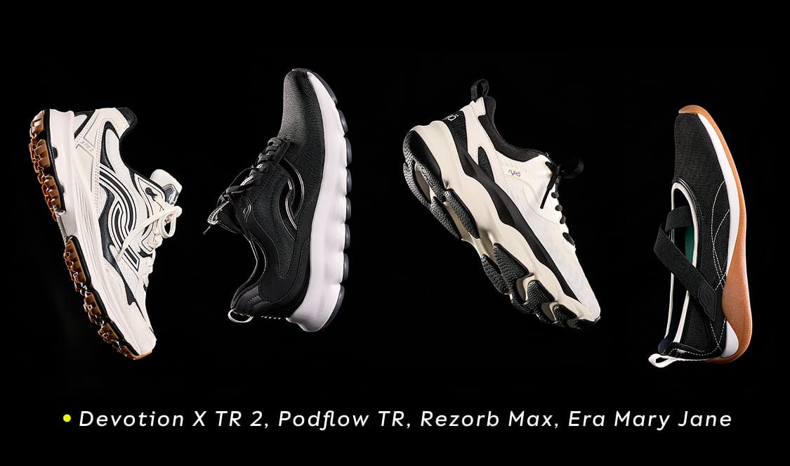 Four different styles of women's black and white sneakers on a black background with the style names of each shoe in white text. 