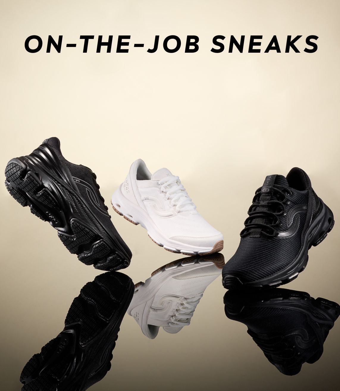 One white work sneaker in between two black work sneakers with text above saying 