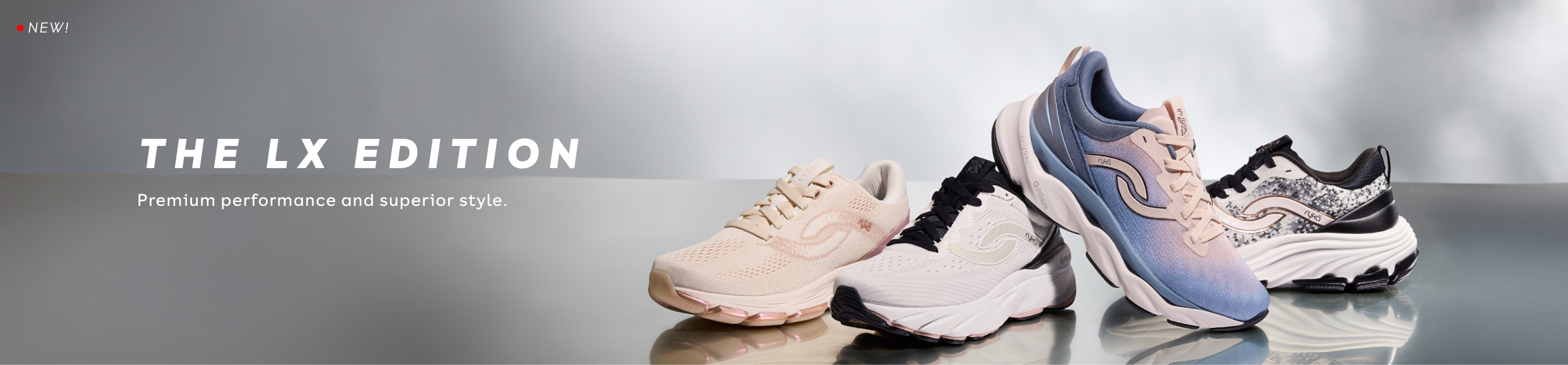 A group of four women's walking sneakers in pink, white, and blue. White text above reads 