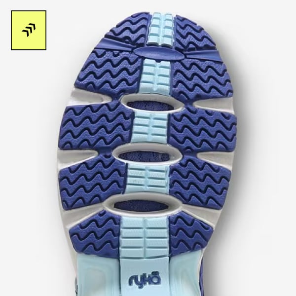A Ryka sneaker sole that is dark blue and light blue with textured tread.